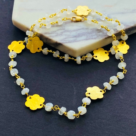 Moonstone Gold Necklace Wire wrapped Crystal Necklace flower charm